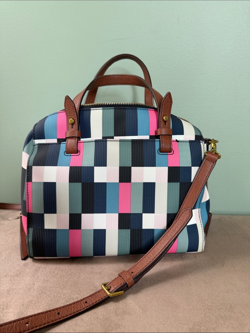 Patterned Multicolor Women’s Satchel Bag - Brown Trim